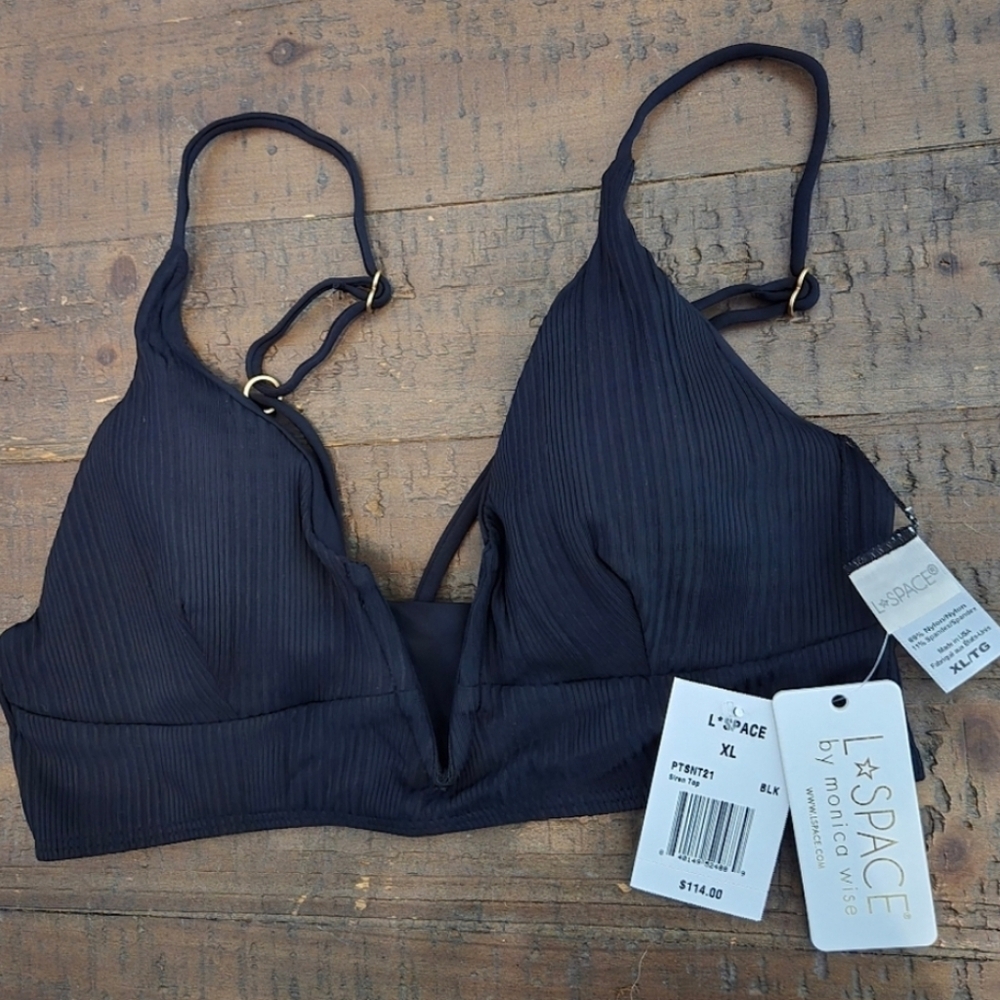 Nwt LSpace XL Black Ribbed Bikini Top Adjustable Straps Minimalist Swim Neutrals
